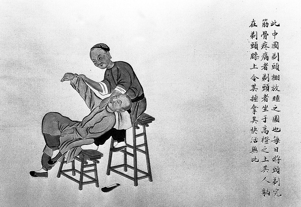 Xoa bóp chữa đau mỏi cổ vai đã có từ hàng trăm năm trước — tranh màu nước Trung Hoa thế kỷ 19.
